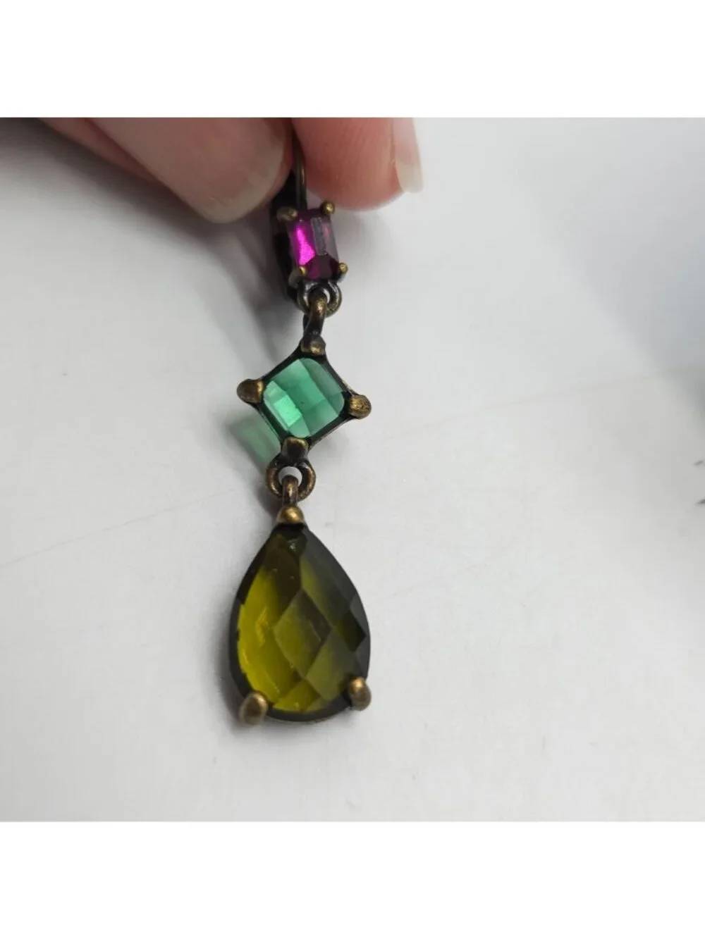 Geometric Linear Drop Earrings With Green & Pink Accent Stones Antique Gold-Tone